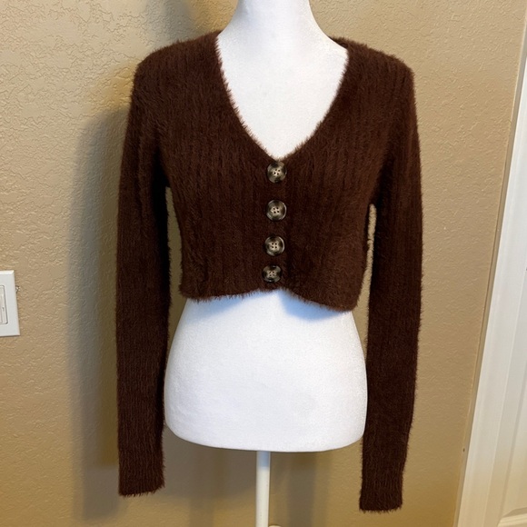 BDG, Urban Outfitters, Fuzzy Chocolate Brown Cropped Cardigan, Size Small - Picture 1 of 8